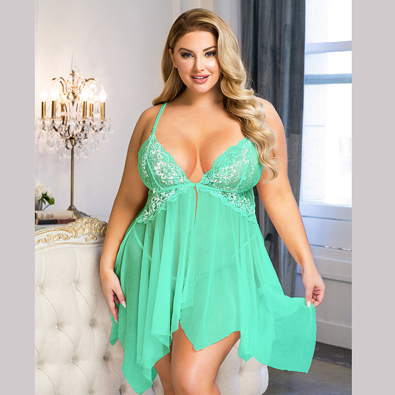 Ladies Sexy  Pea Mesh Babydoll with Flyaway Lace Cup